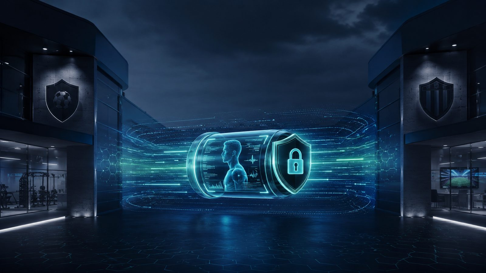 Arquitectura de seguridad representada por una bóveda de datos iluminada