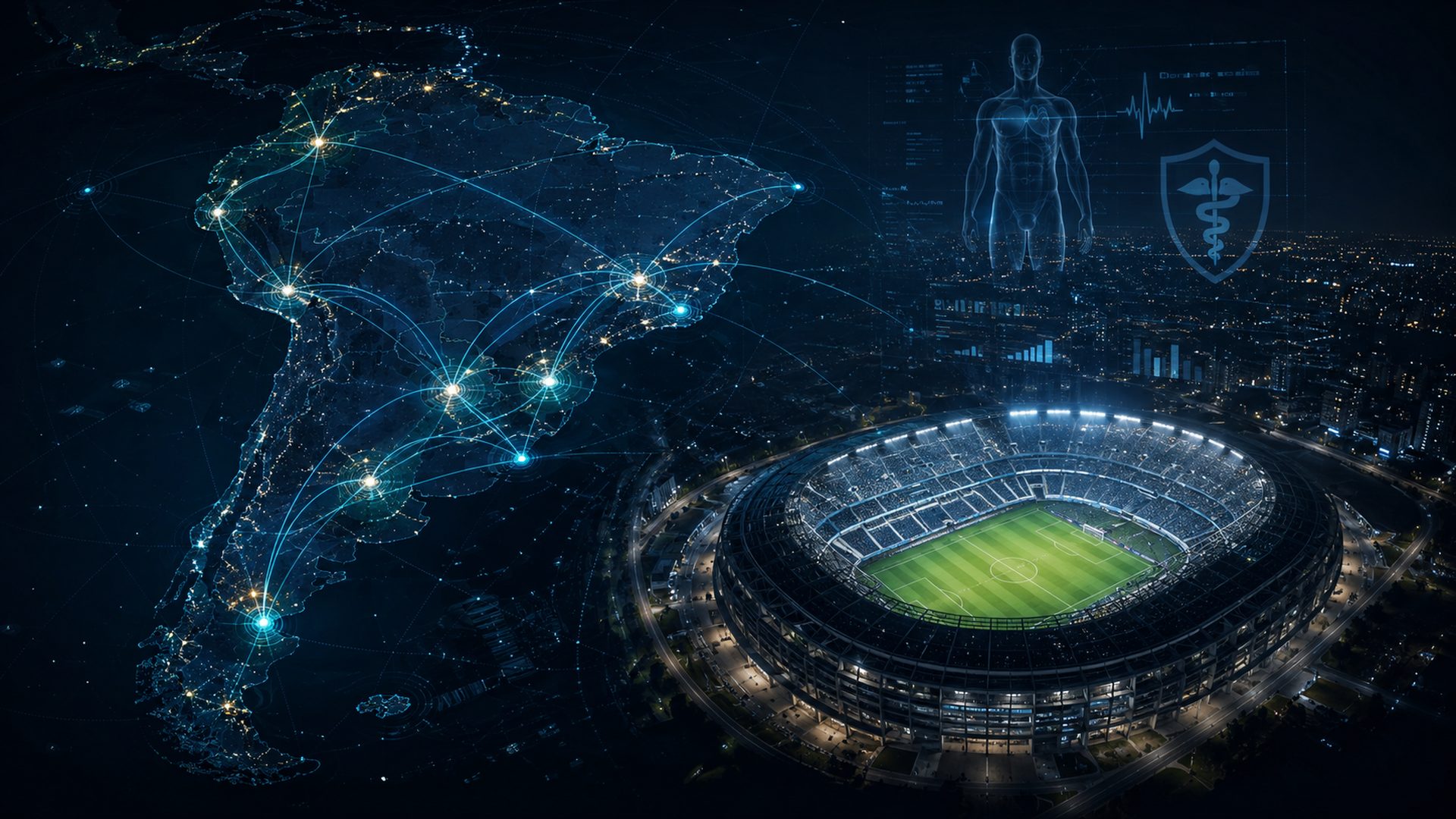 Vista aérea nocturna de un estadio conectado con una red de nodos sobre Sudamérica